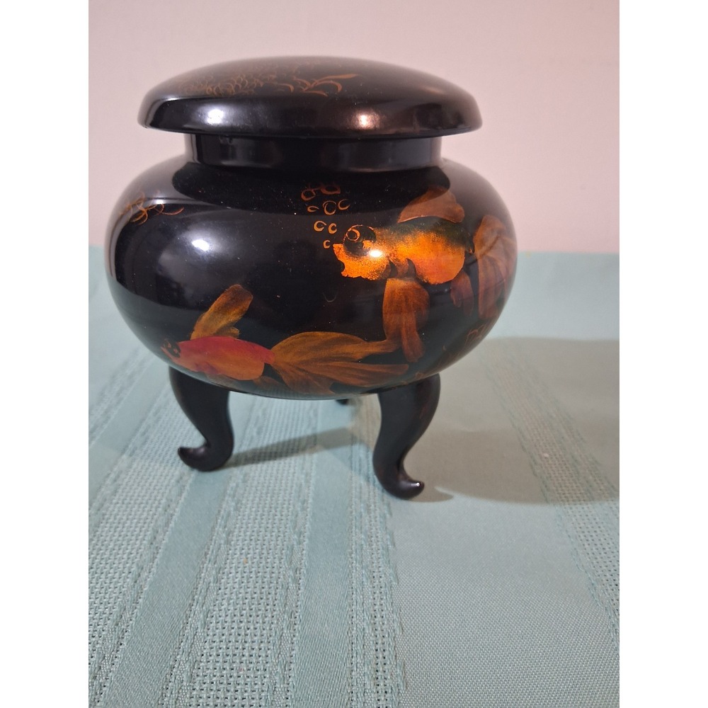 Antique Japanese Black Lacquerware5.5"gold fish koi cencer with a lid